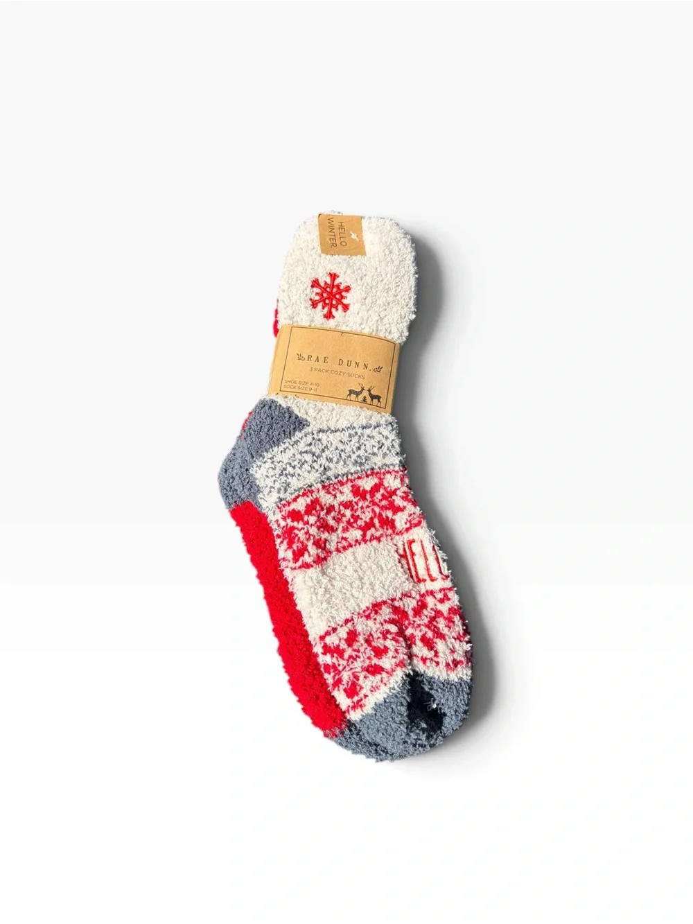 Rae Dunn ‘Hello Winter’ Gray & Red Snowflake Fuzzy 3 Pack Socks